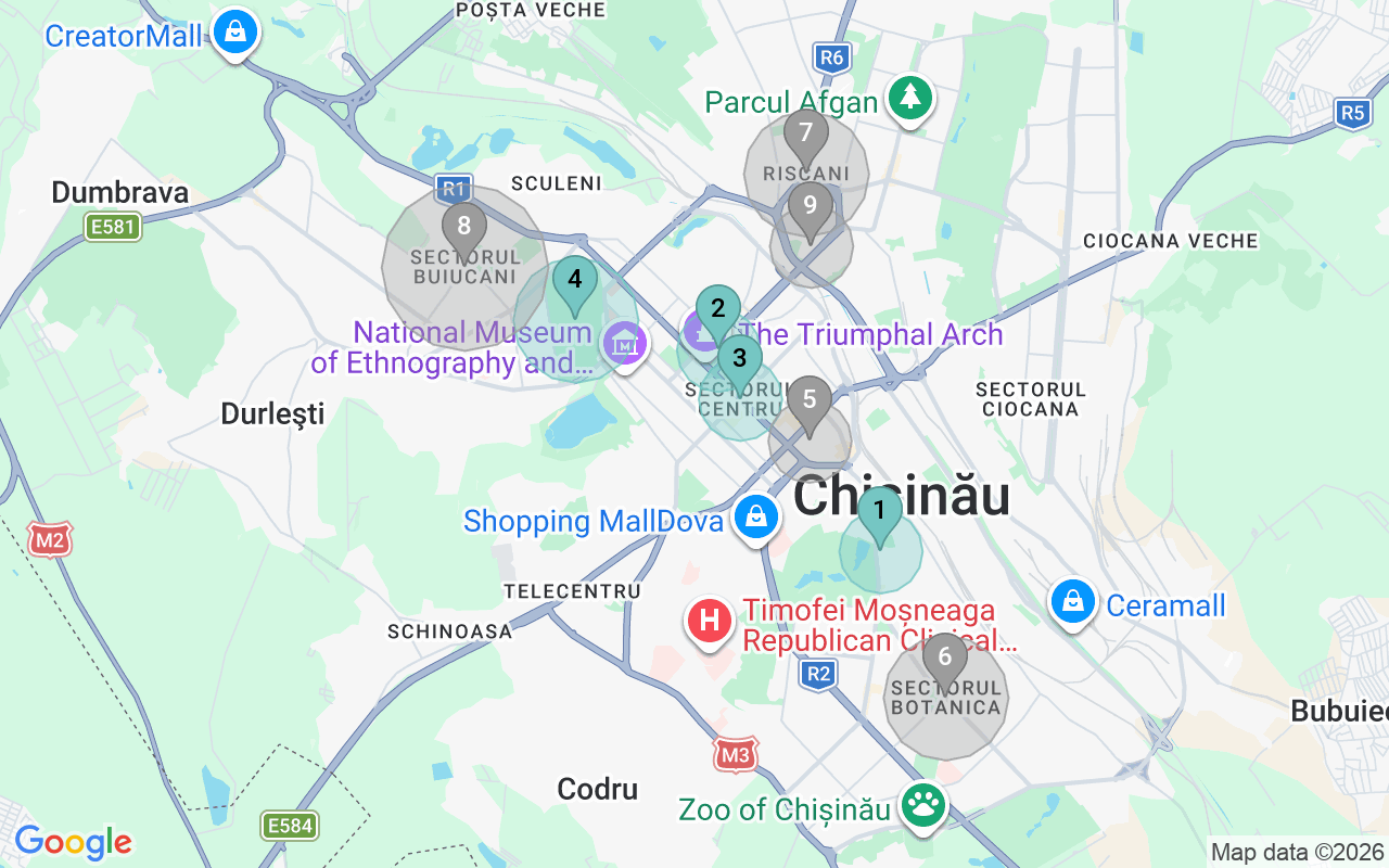 Map of Airbnb guest-review hotspots in Chisinau with location premium circles