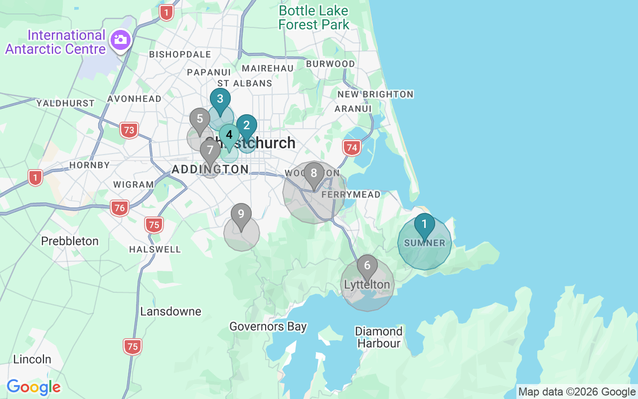 Map of Airbnb guest-review hotspots in Chirstchurch with location premium circles