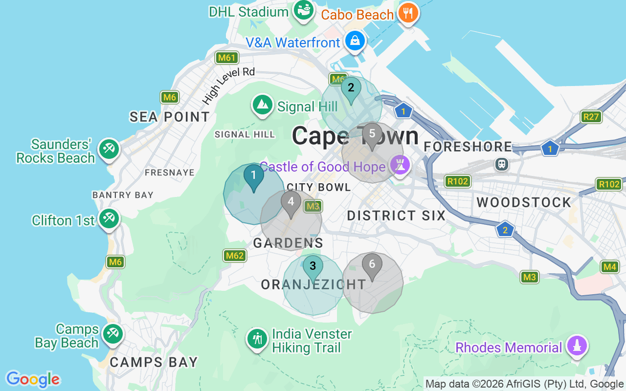 Map of Airbnb guest-review hotspots in City Bowl with location premium circles