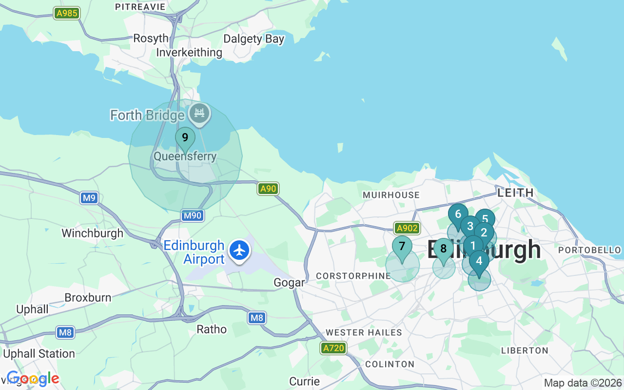 Map of Airbnb guest-review hotspots in City of Edinburgh with location premium circles