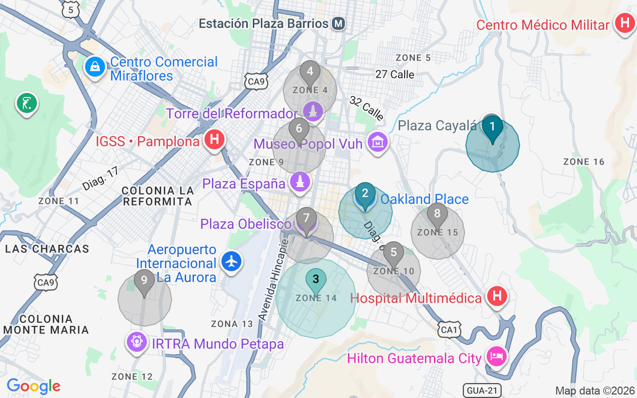 Map of Airbnb guest-review hotspots in Ciudad de Guatemala with location premium circles