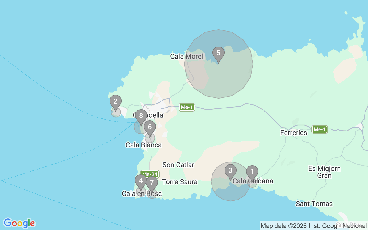 Map of Airbnb guest-review hotspots in Ciutadella De Menorca with location premium circles