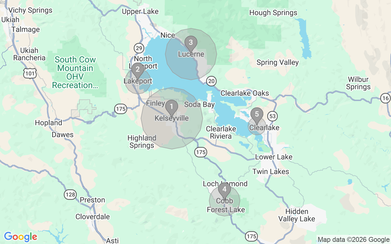 Map of Airbnb guest-review hotspots in Clearlake with location premium circles
