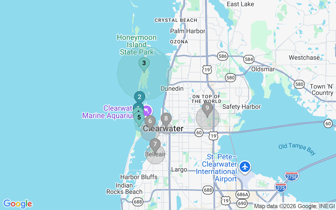 Map of Airbnb guest-review hotspots in Clearwater with location premium circles