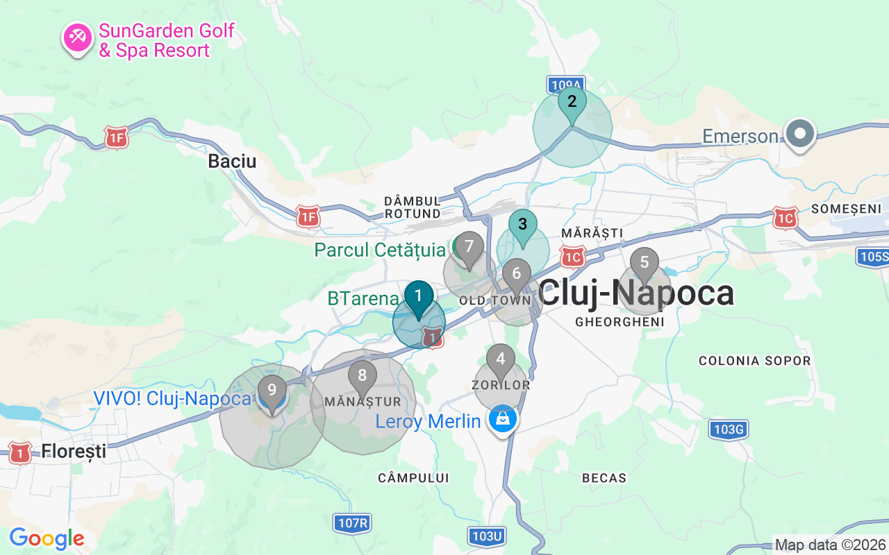Map of Airbnb guest-review hotspots in Cluj-Napoca with location premium circles
