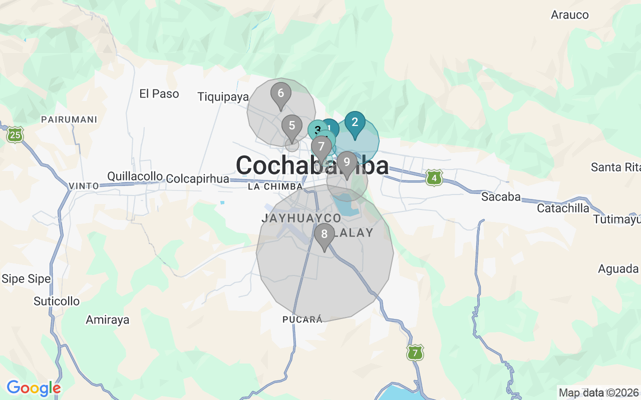 Map of Airbnb guest-review hotspots in Cochabamba with location premium circles