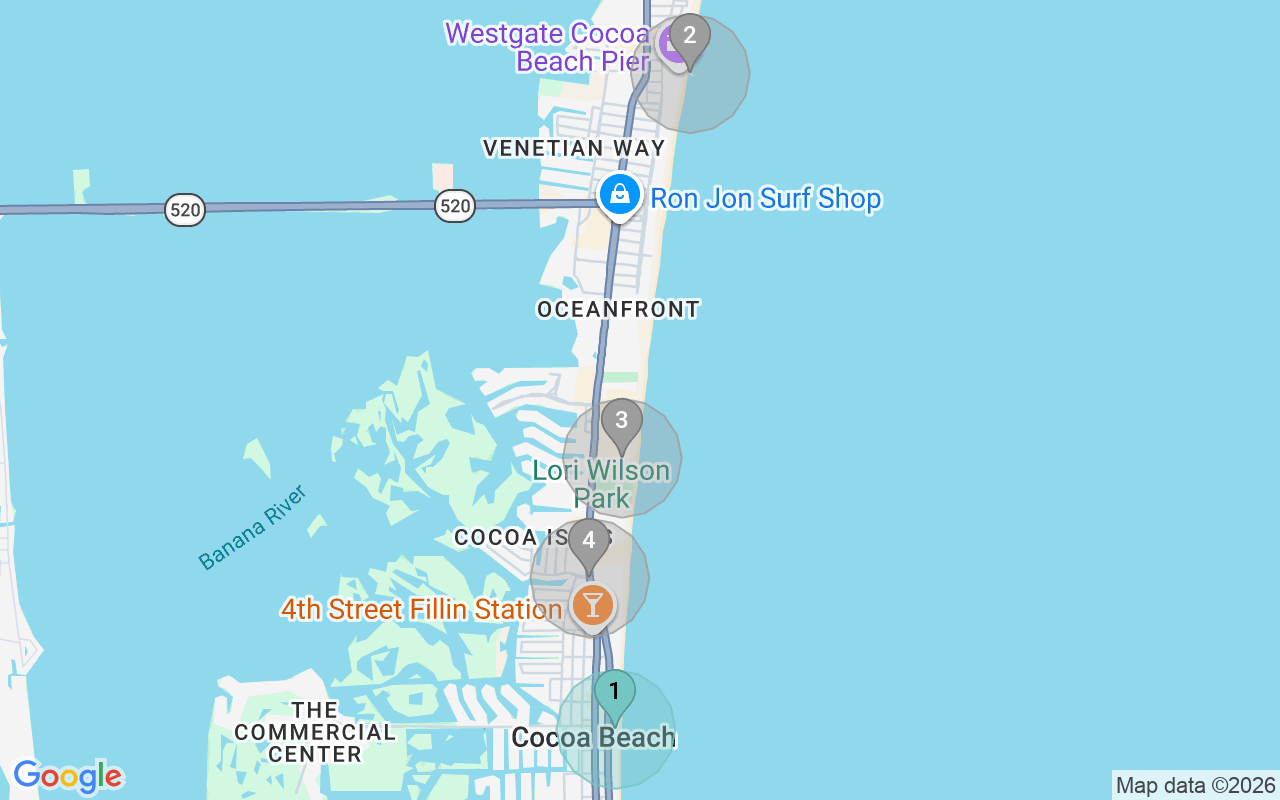 Map of Airbnb guest-review hotspots in Cocoa Beach with location premium circles