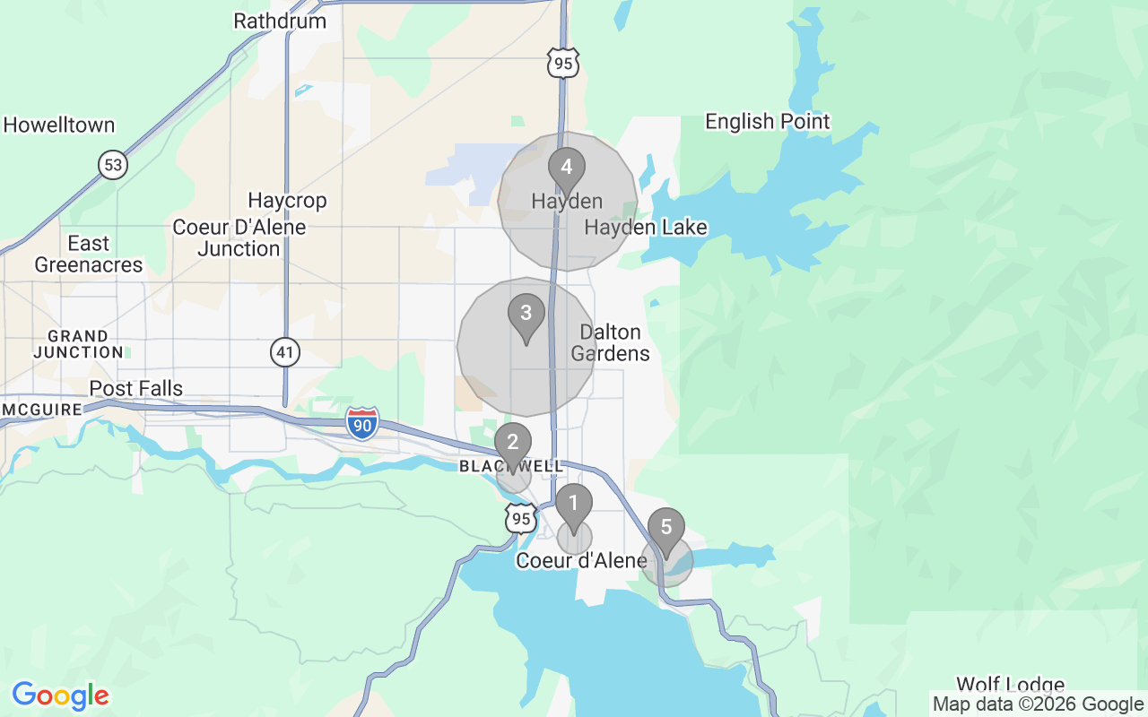 Map of Airbnb guest-review hotspots in Coeur d'Alene with location premium circles