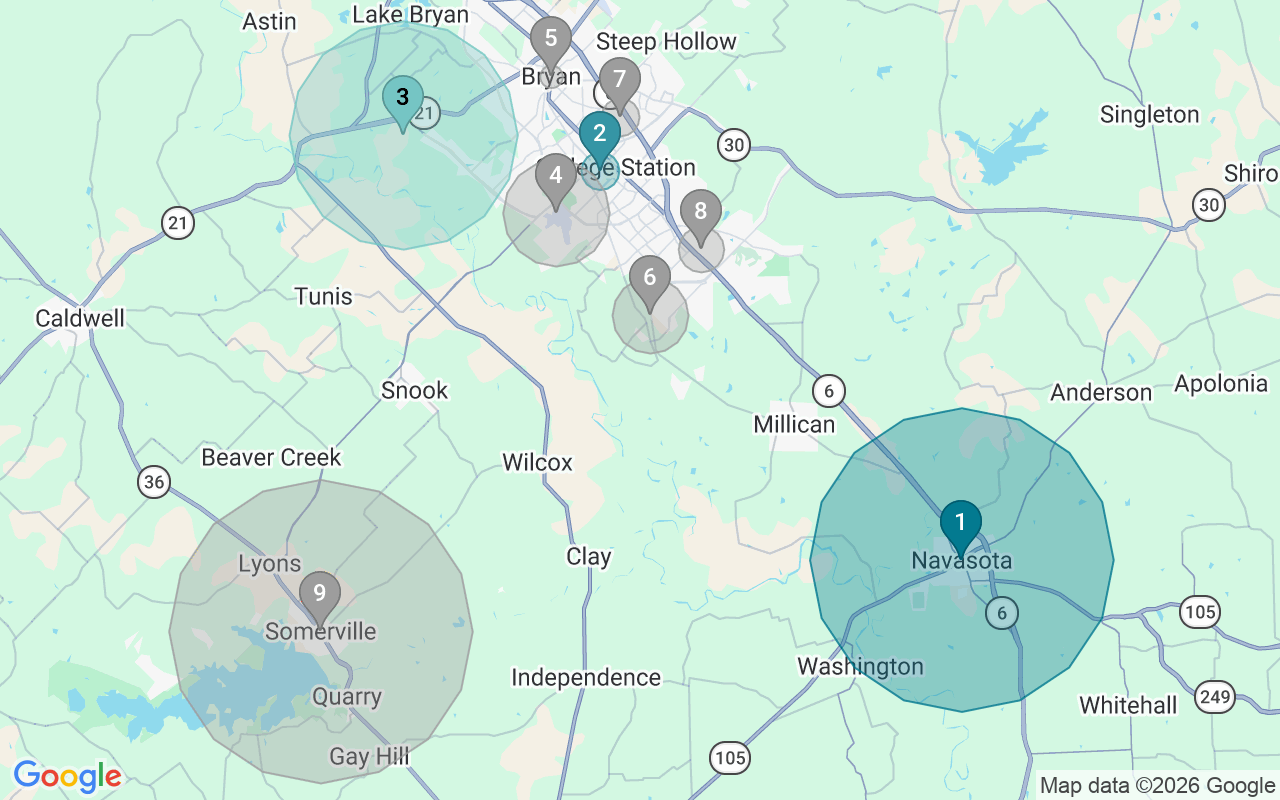 Map of Airbnb guest-review hotspots in College Station-Bryan with location premium circles
