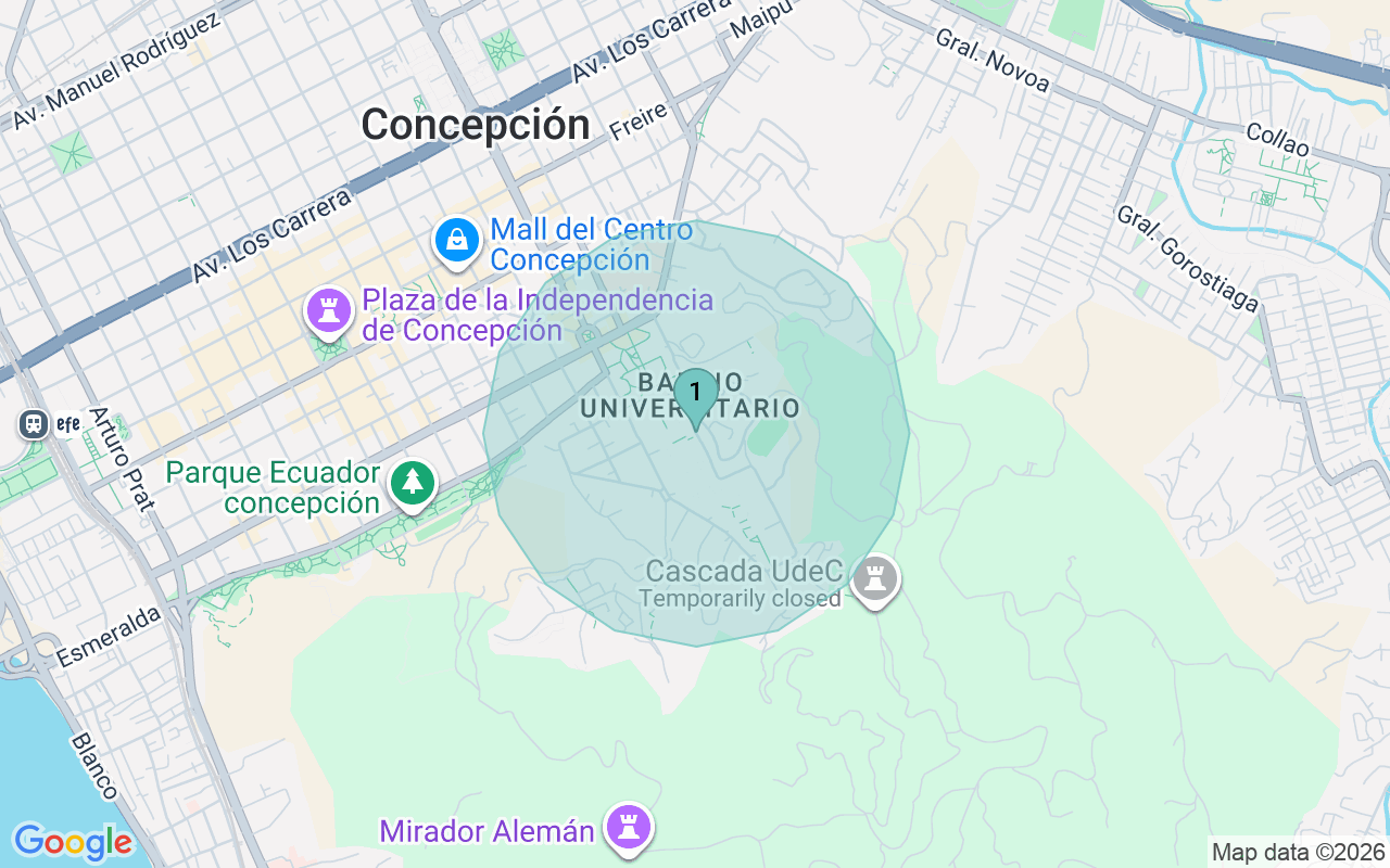 Map of Airbnb guest-review hotspots in Concepcion with location premium circles