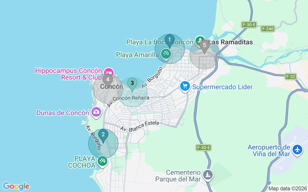Map of Airbnb guest-review hotspots in Concon with location premium circles