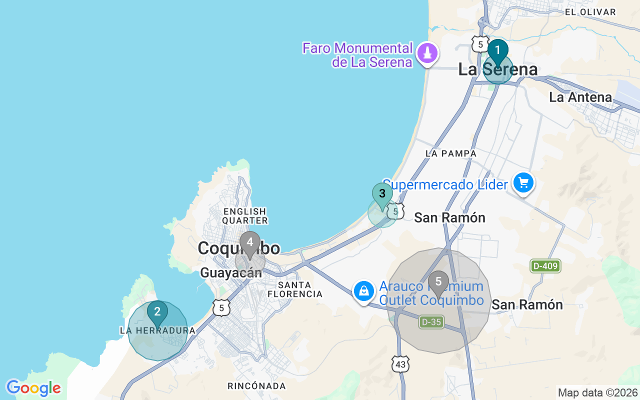 Map of Airbnb guest-review hotspots in Coquimbo with location premium circles
