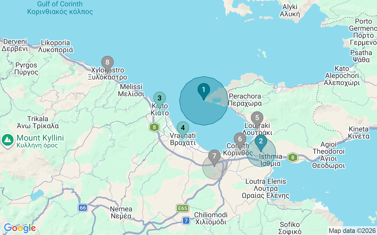 Map of Airbnb guest-review hotspots in Corinthia with location premium circles