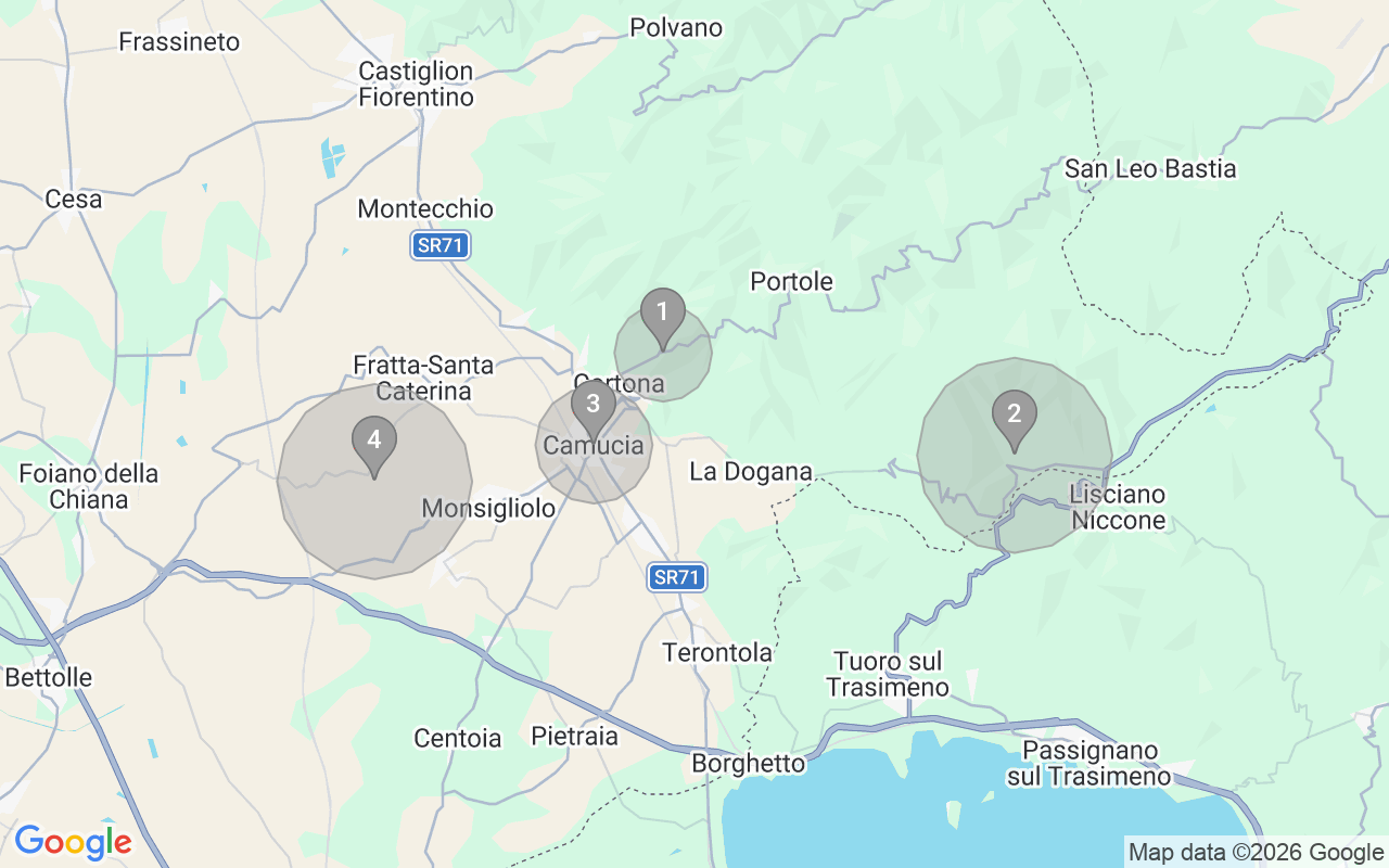 Map of Airbnb guest-review hotspots in Cortona with location premium circles