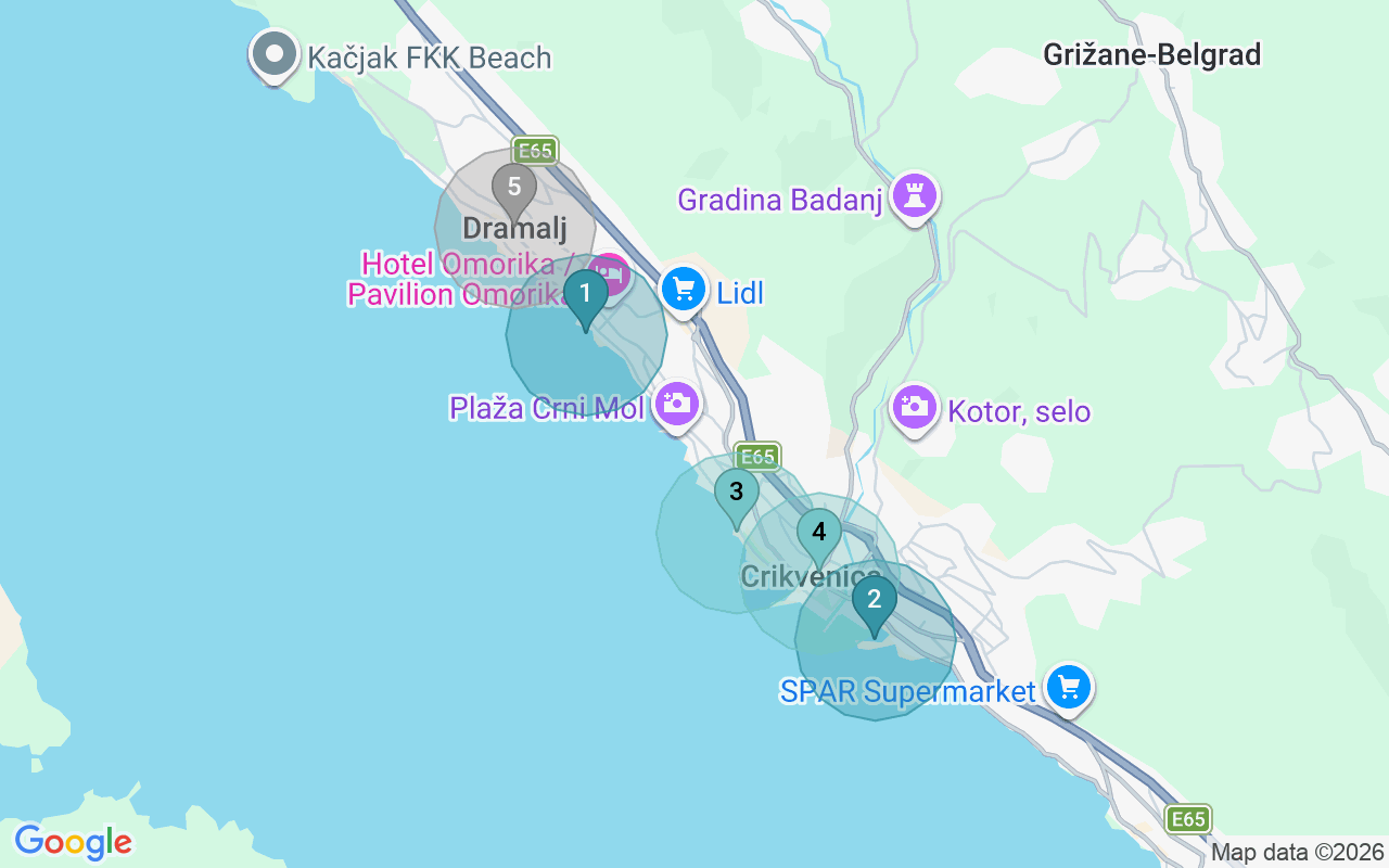 Map of Airbnb guest-review hotspots in Crikvenica with location premium circles