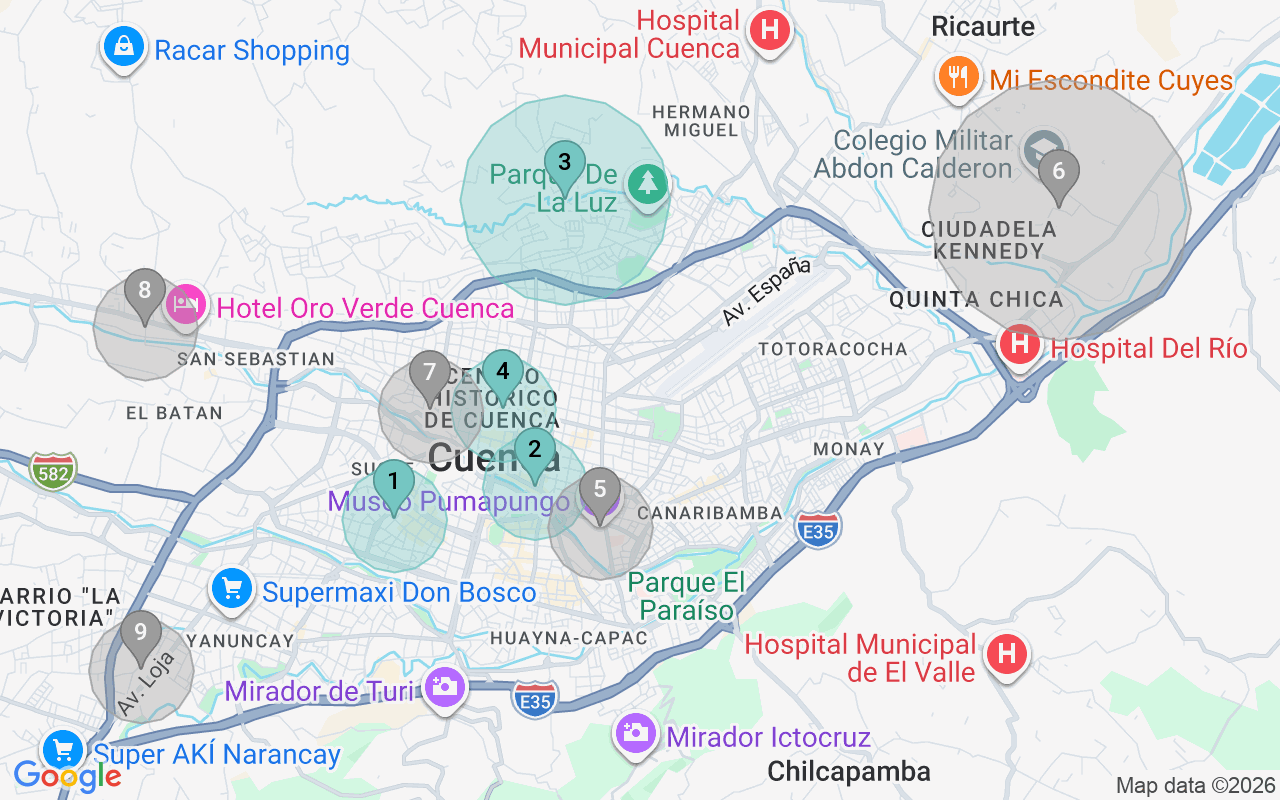 Map of Airbnb guest-review hotspots in Cuenca with location premium circles