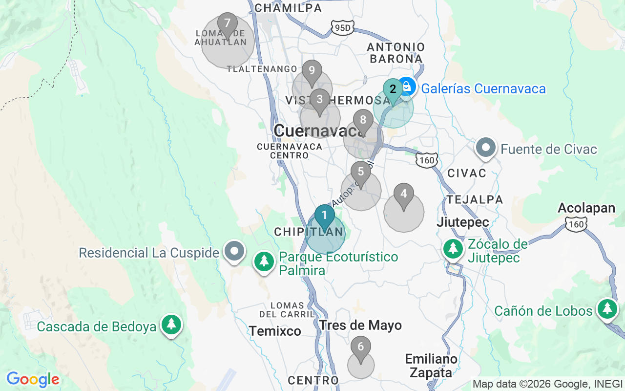 Map of Airbnb guest-review hotspots in Cuernavaca with location premium circles