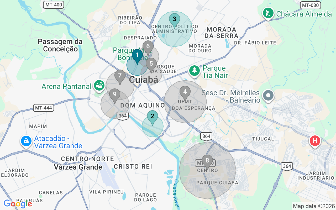 Map of Airbnb guest-review hotspots in Cuiabá with location premium circles