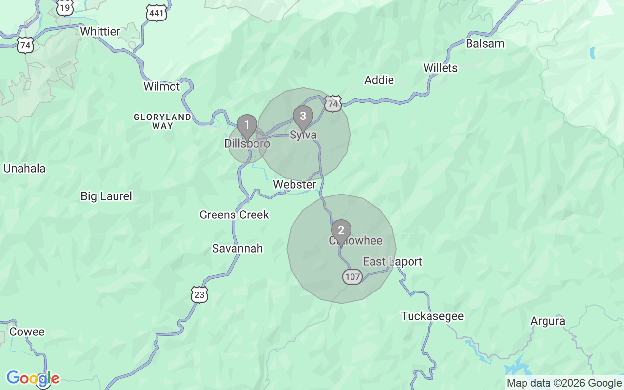 Map of Airbnb guest-review hotspots in Cullowhee with location premium circles