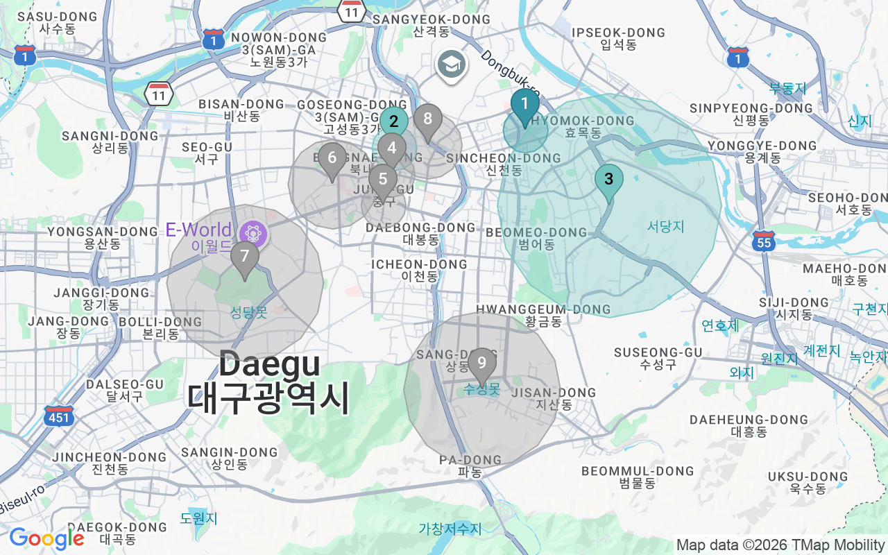 Map of Airbnb guest-review hotspots in Daegu with location premium circles