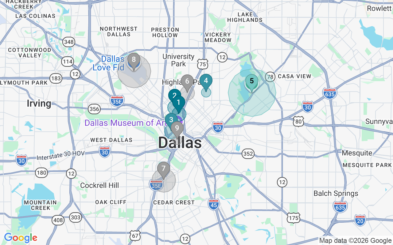 Map of Airbnb guest-review hotspots in Dallas with location premium circles