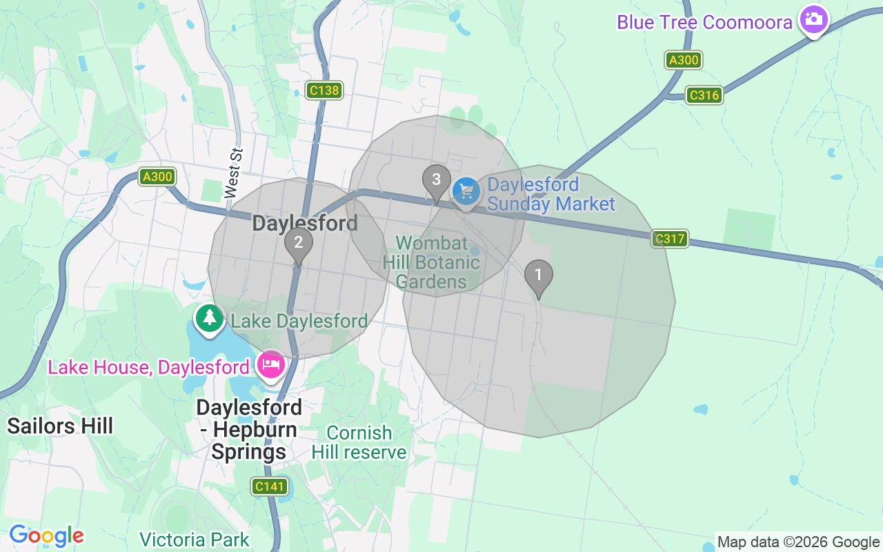 Map of Airbnb guest-review hotspots in Daylesford with location premium circles