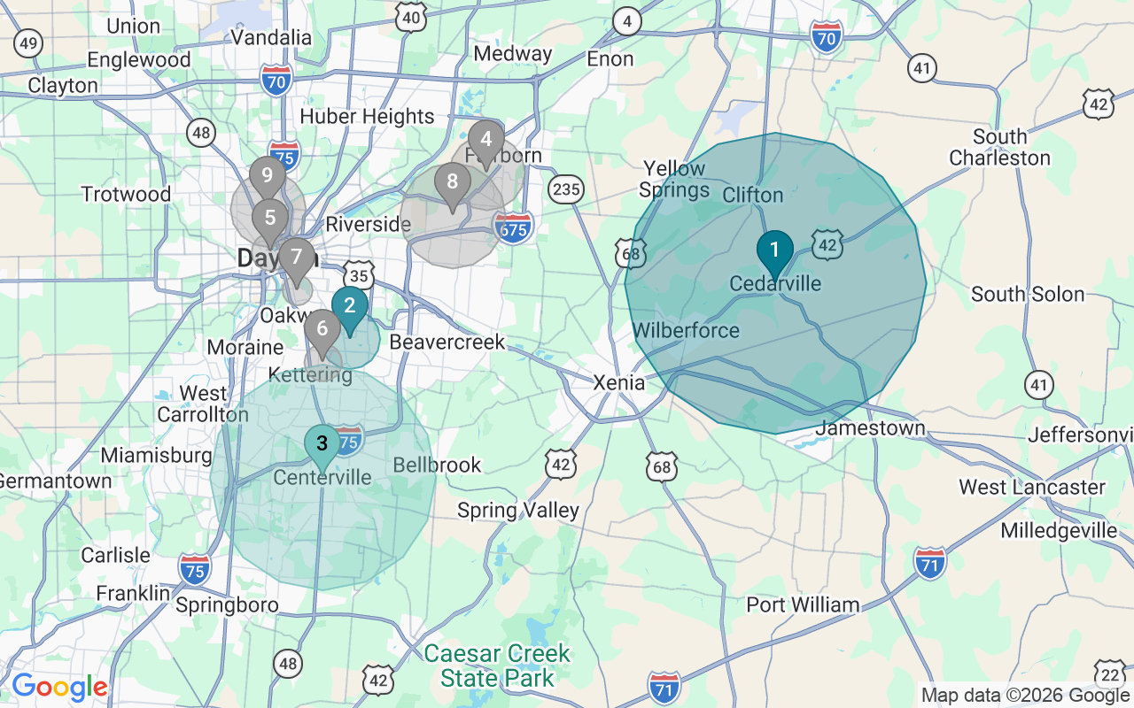 Map of Airbnb guest-review hotspots in Dayton-Kettering with location premium circles