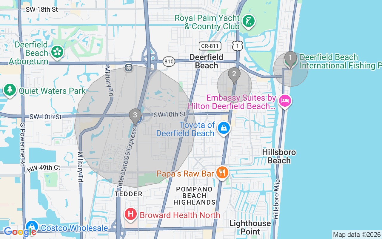 Map of Airbnb guest-review hotspots in Deerfield Beach with location premium circles