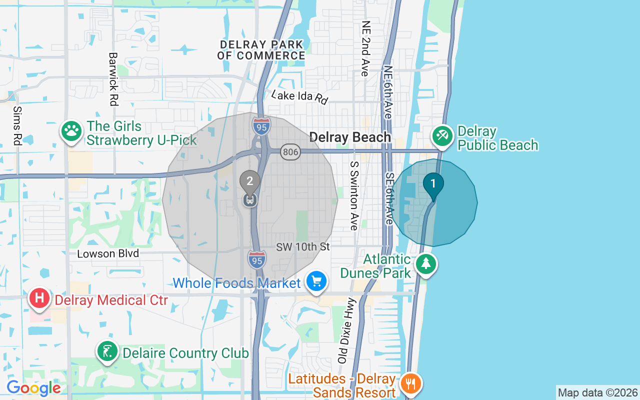Map of Airbnb guest-review hotspots in Delray Beach with location premium circles