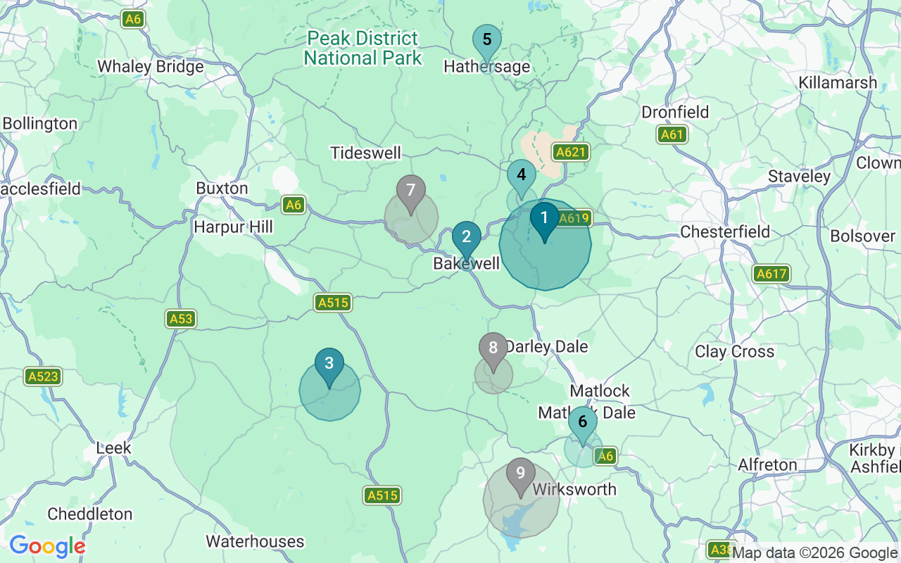 Map of Airbnb guest-review hotspots in Derbyshire Dales with location premium circles