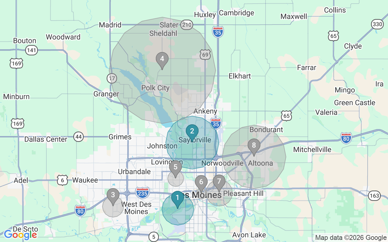 Map of Airbnb guest-review hotspots in Des Moines-West Des Moines with location premium circles