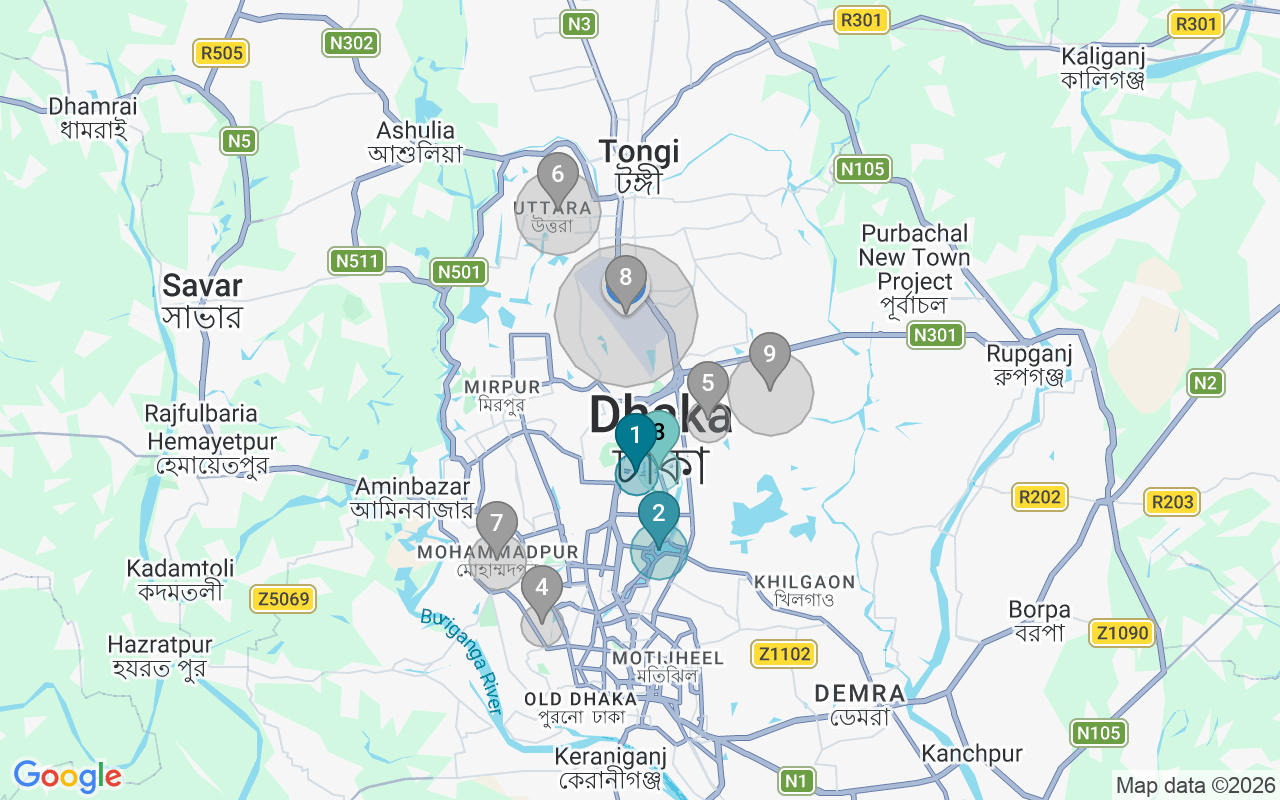 Map of Airbnb guest-review hotspots in Dhaka with location premium circles