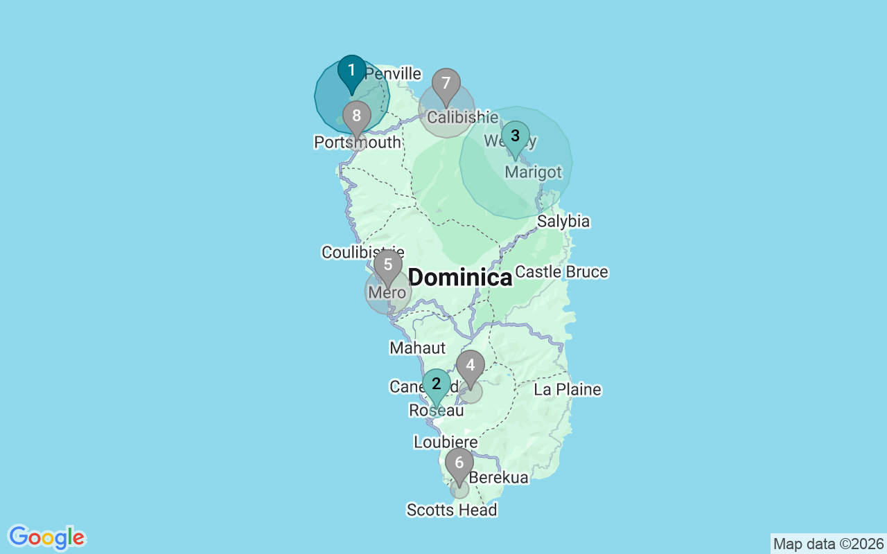 Map of Airbnb guest-review hotspots in Dominica with location premium circles