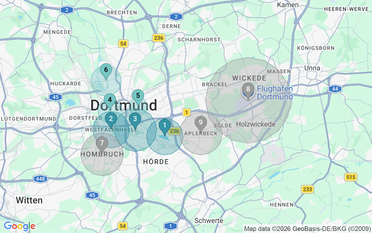 Map of Airbnb guest-review hotspots in Dortmund with location premium circles