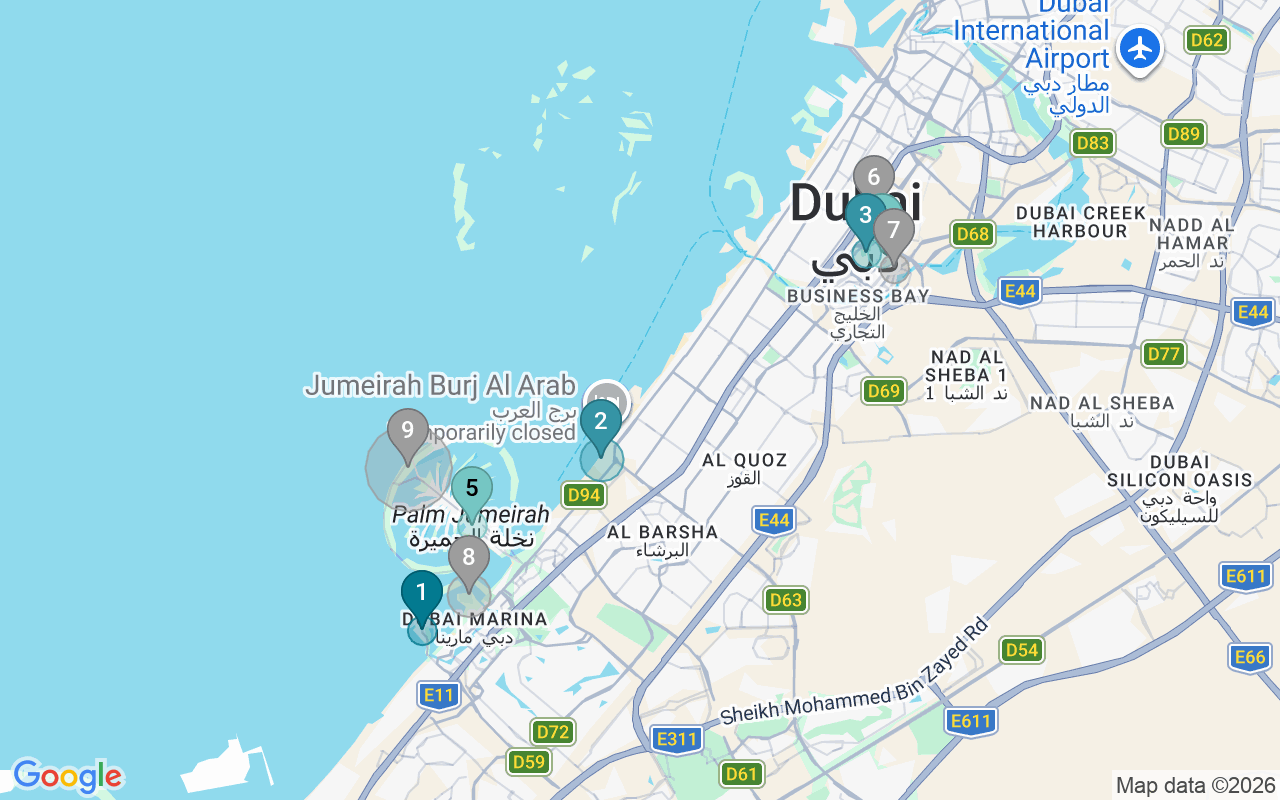 Map of Airbnb guest-review hotspots in Dubai with location premium circles