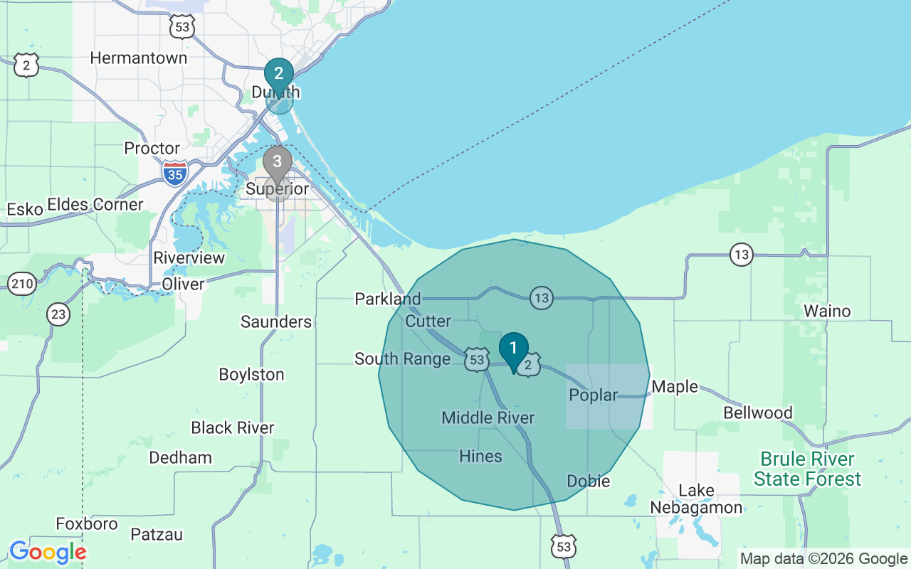 Map of Airbnb guest-review hotspots in Duluth with location premium circles