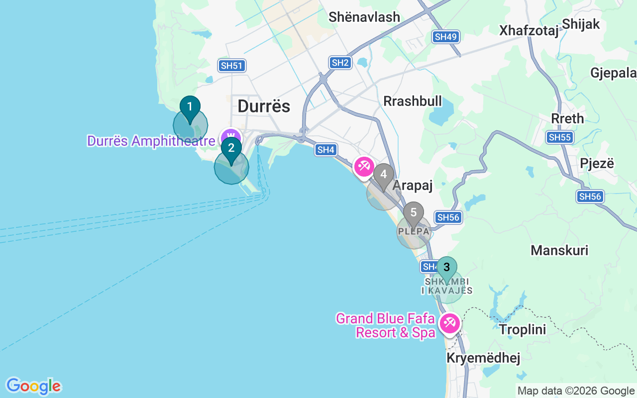 Map of Airbnb guest-review hotspots in Durres with location premium circles