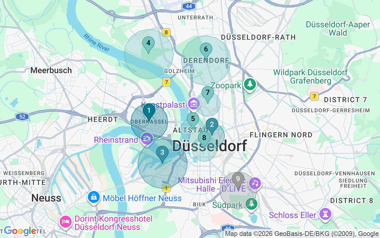 Map of Airbnb guest-review hotspots in Dusseldorf with location premium circles