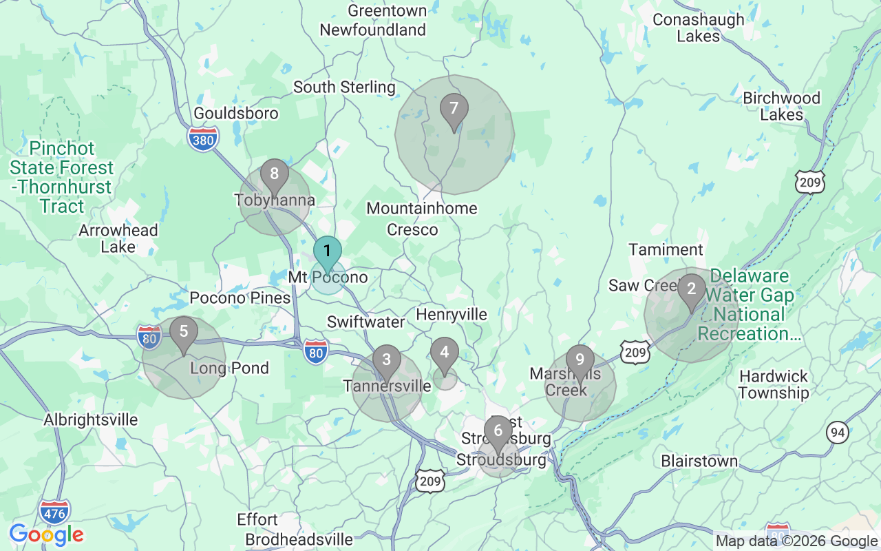 Map of Airbnb guest-review hotspots in East Stroudsburg with location premium circles