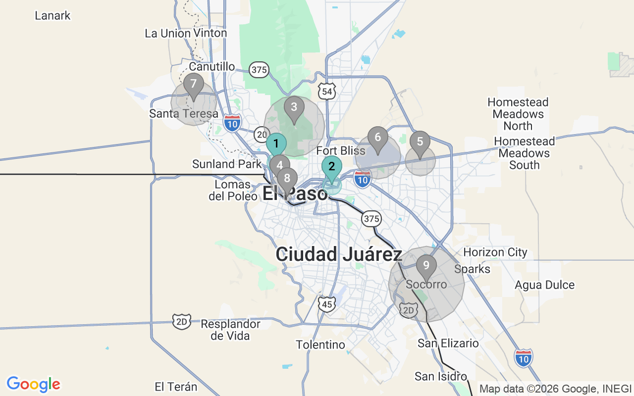 Map of Airbnb guest-review hotspots in El Paso with location premium circles