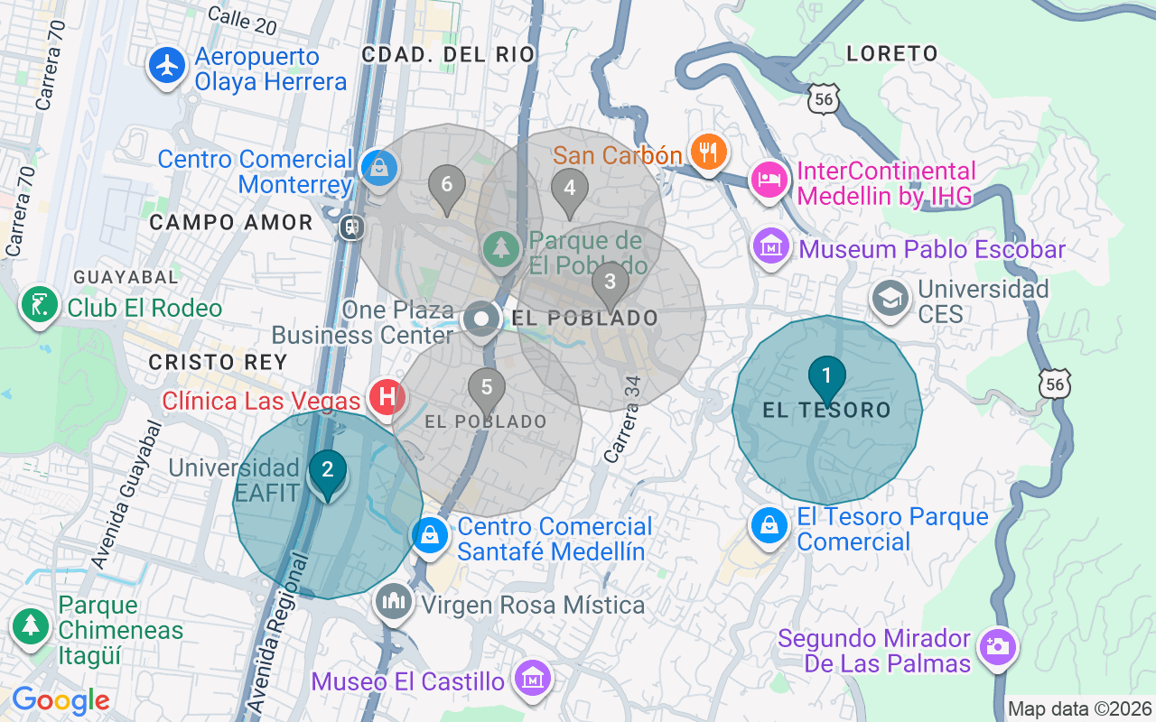 Map of Airbnb guest-review hotspots in El Poblado with location premium circles