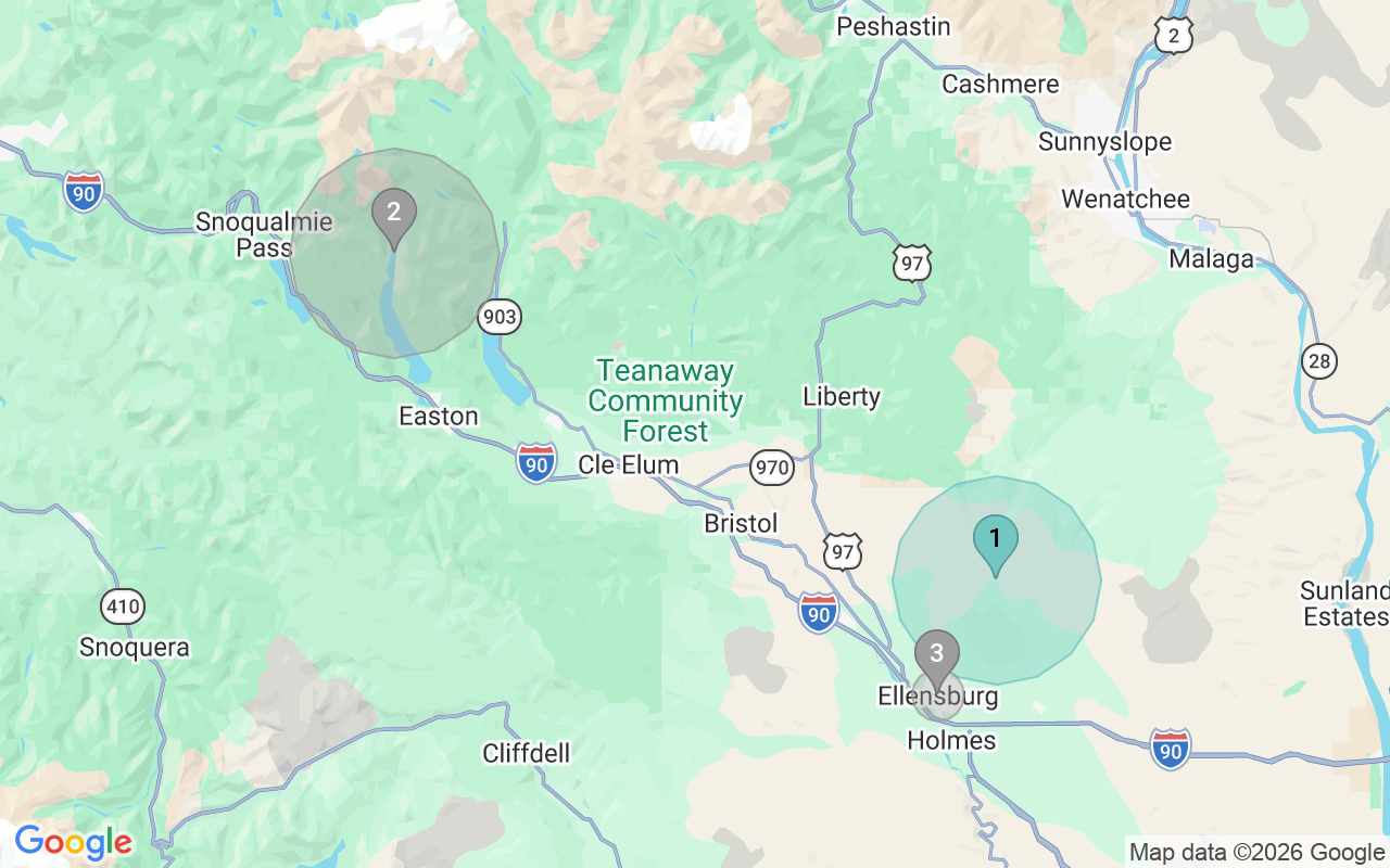Map of Airbnb guest-review hotspots in Ellensburg with location premium circles
