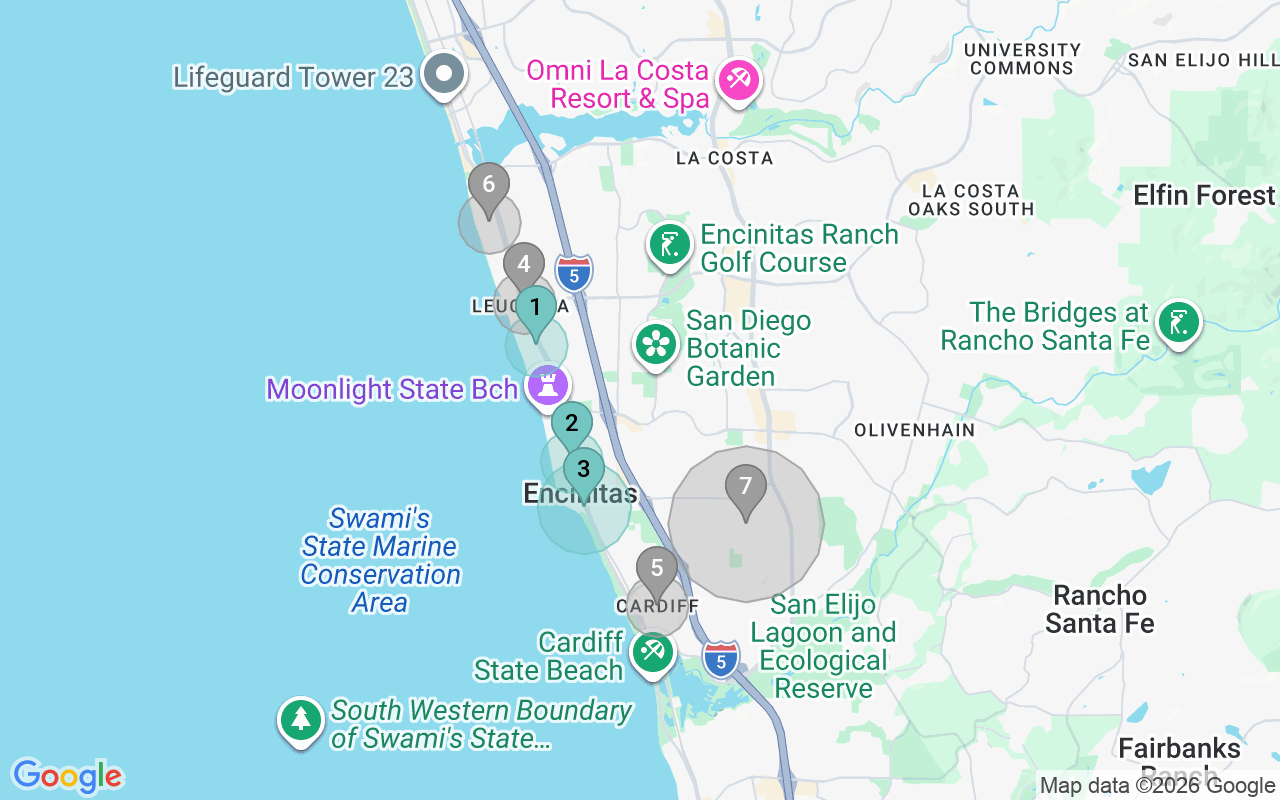 Map of Airbnb guest-review hotspots in Encinitas with location premium circles