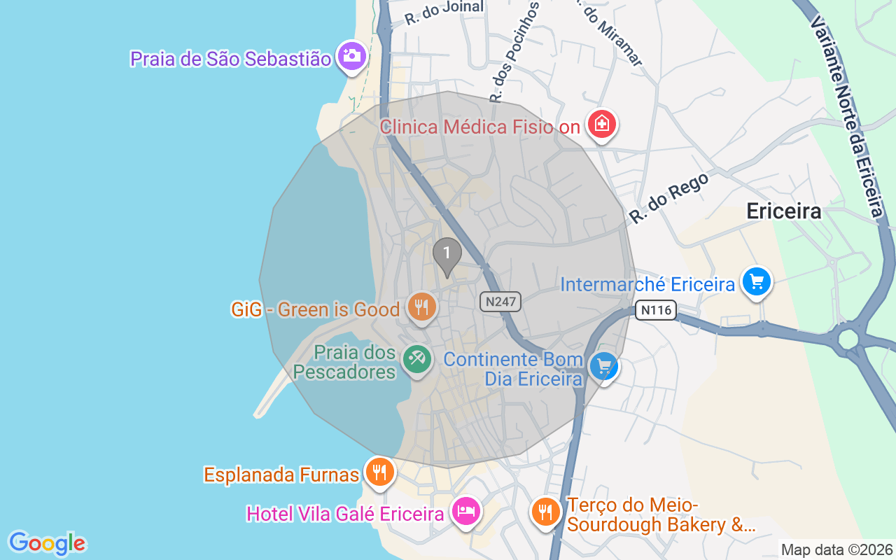 Map of Airbnb guest-review hotspots in Ericeira with location premium circles