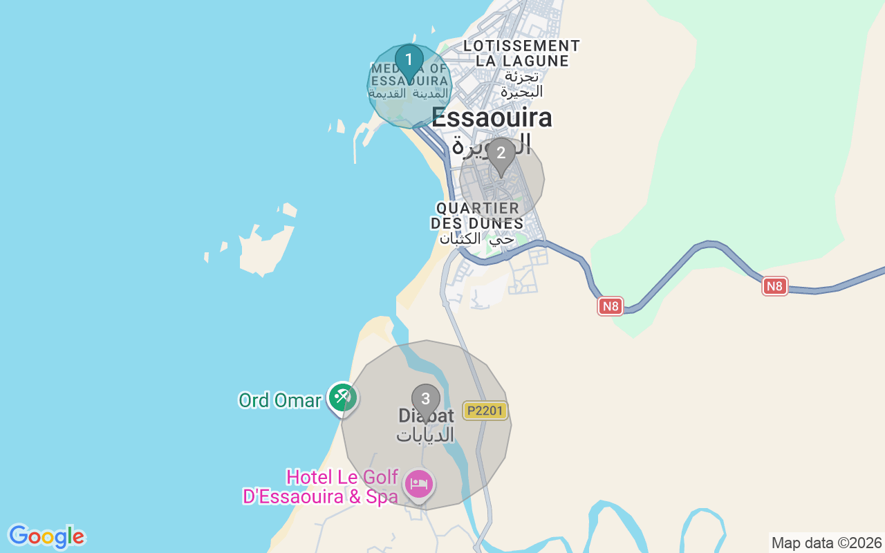 Map of Airbnb guest-review hotspots in Essaouira with location premium circles