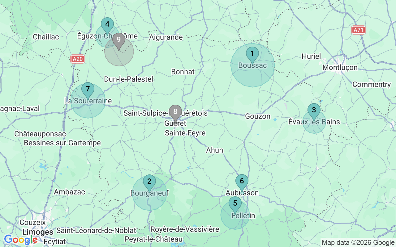 Map of Airbnb guest-review hotspots in Creuse with location premium circles