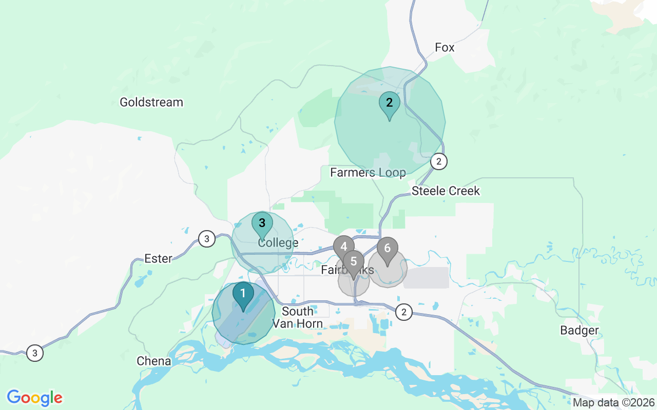 Map of Airbnb guest-review hotspots in Fairbanks with location premium circles