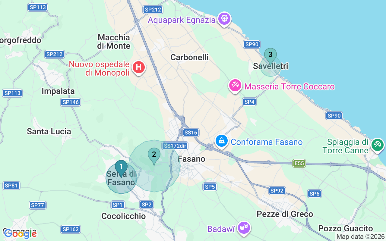 Map of Airbnb guest-review hotspots in Fasano with location premium circles