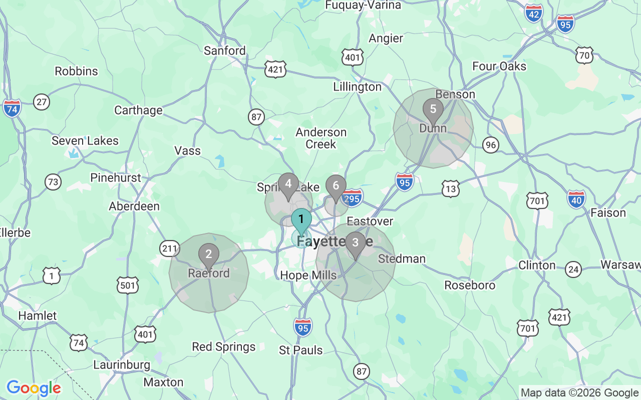Map of Airbnb guest-review hotspots in Fayetteville with location premium circles