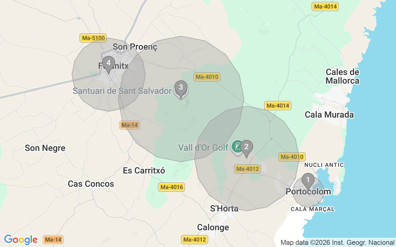Map of Airbnb guest-review hotspots in Felanitx with location premium circles